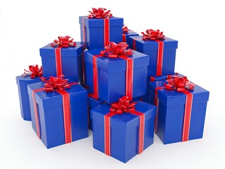 3d cobalt blue gift packages with red ribbons 