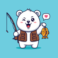 Cute cartoon polar bear fisherman holding fish and rod winking happily.