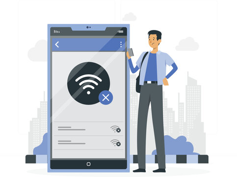 Man standing next to large smartphone with wifi symbol and cityscape background cloud - Powered by Adobe