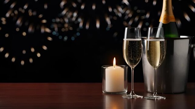 Golden fireworks illuminate a festive scene with two champagne glasses, a candle, and bottle in an ice bucket for celebration.
