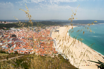 aerial view of Nazar&eacute; city and their beach from Sitio in Portugal, Europe