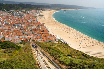 aerial view of Nazar&eacute; city and their beach from Sitio in Portugal, Europe