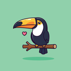 Fototapeta premium Cute cartoon toucan bird with big colorful beak perched on a branch showing love.