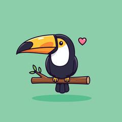 Fototapeta premium Cute Cartoon Toucan Bird with Large Yellow Beak Perched on Branch.