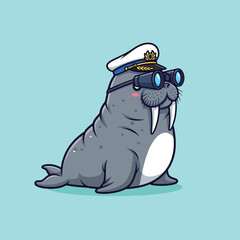 Cute Cartoon Walrus Captain with Binoculars and Sailor Hat.