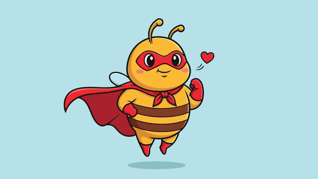 Cute cartoon superhero bee character with red mask cape and heart.