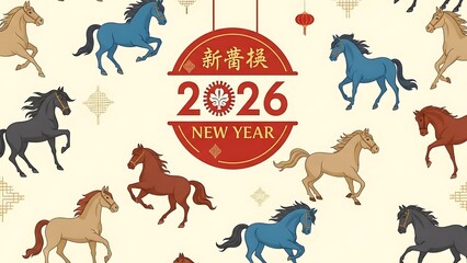 Elegant horse zodiac illustrations for 2026 chinese new year celebration
