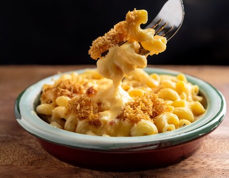 mac and cheese with a crispy breadcrumb topping being lifted with a fork showing cheese pull comfort food concept
