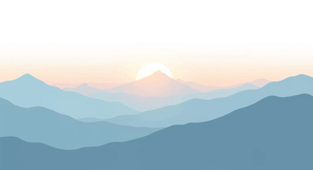 Fototapeta premium A peaceful flat 2D vector illustration features a vibrant morning sunrise peaking over rolling mountain peaks with soft tropical light, set against a clean white background.
