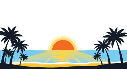 Vibrant 2D flat design sunrise illuminating a peaceful tropical coast scene with stylized palm trees, warm yellow sun rays, and calm ocean waters isolated on a clean white backdrop.