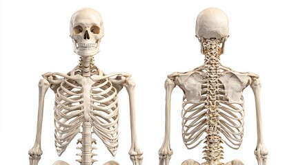 A realistic human skeleton model displayed from both front and back views, showcasing detailed anatomical features.