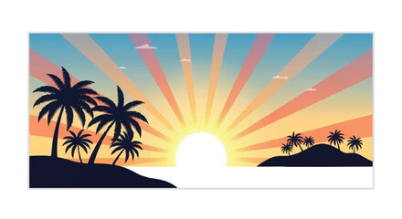Obraz premium Tropical sunrise flat 2D vector illustration showing dark island silhouettes and golden sunlight rays spreading upwards on a simple white background.