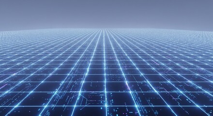 Digital illustration of an abstract blue sky with clouds and a perspective pattern of renewable solar energy panels harvesting sunlight for sustainable power