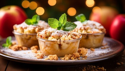 individual apple crumbles dusted with powdered sugar and garnished with mint against a bokeh lights background dessert concept