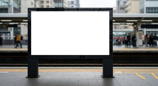 Blank billboard with a white screen on a train station platform, offering a clear advertising space for marketing campaigns and promotional messages