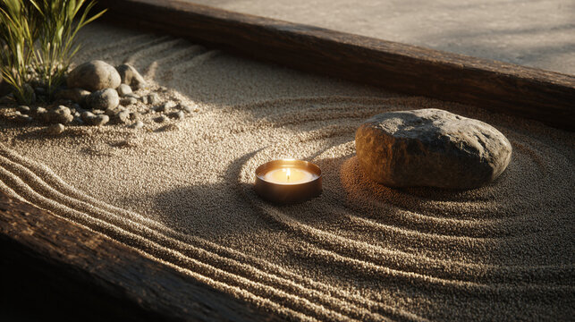 A minimalist Zen garden with a lit candle, sand, rocks, and a wooden frame, creating a sense of peace and tranquility