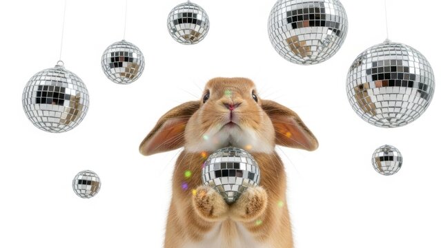 rabbit with a mirrored disco ball, party celebration, on a white background, party animal photo