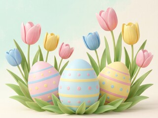 Three colorful Easter eggs with stripes and dots, surrounded by blooming tulips and green foliage on a soft gradient background