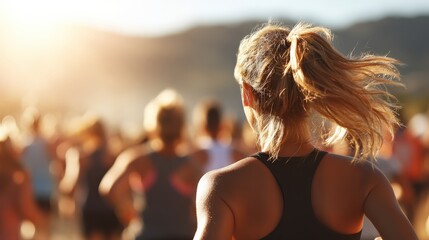 A woman runs with a group in a sunny outdoor setting, showcasing athleticism and a vibrant atmosphere.