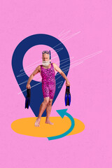 Trend artwork poster composite sketch image collage of aged man glamour swimsuit hold flippers abroad vacation trip sea resort point way © deagreez