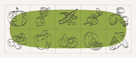 Hand-drawn contour illustrations of classic German cuisine vegetables: cabbage, peas, garlic, mushrooms, ideal for posters and design.