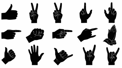 Collection of diverse hand gestures and symbols in silhouette form. © Arga