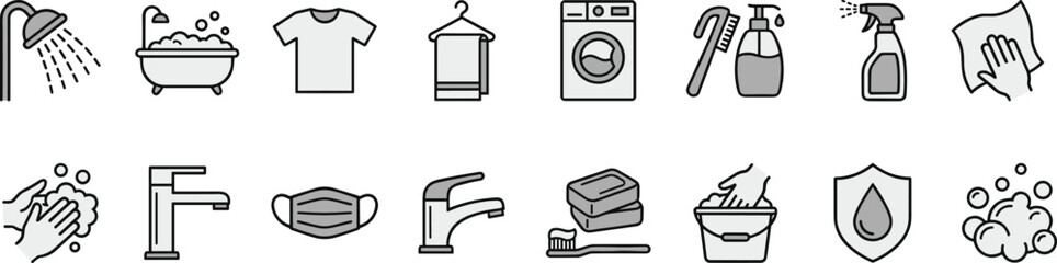 Cleaning, laundry, hygiene, icons, set, outline, style, washing, housekeeping, bathroom, kitchen, sanitation, services, symbols, soap, water, detergent, home, care, vector