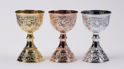 Three ornate goblets in gold, rose gold, and silver, featuring intricate designs, displayed against a plain background.