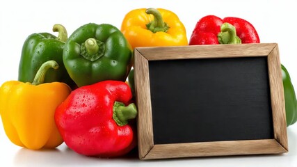 Vibrant peppers and blank chalkboard showcase fresh produce display