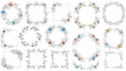Collection of delicate floral and leaf borders and frames with watercolor accents.