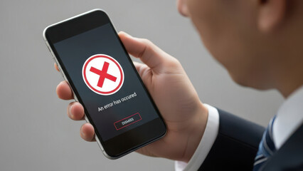 A person in business attire holding a black smartphone that displays a prominent red 'x' and 'an error has occurred' message on its screen, indicating a technical problem or system failure.