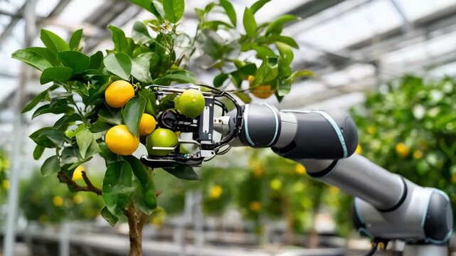 Medium shot capturing a multiarm robotic harvesting system synchronously picking various fruits in a greenhouse highlighting efficiency and automation in agriculture.