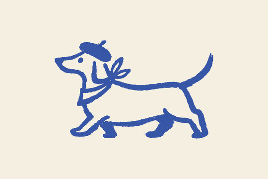 French Dachshund in Beret Minimal Cartoon Vector Illustration	