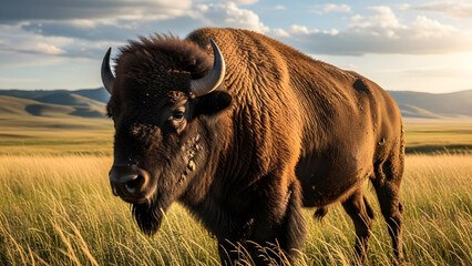 Majestic american bison standing in tall grass at sunset in a prairie landscape