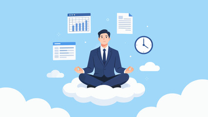 Businessman meditating on cloud