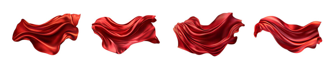 set of Flying red silk fabric. Ai. Waving satin cloth isolated on transparent background 