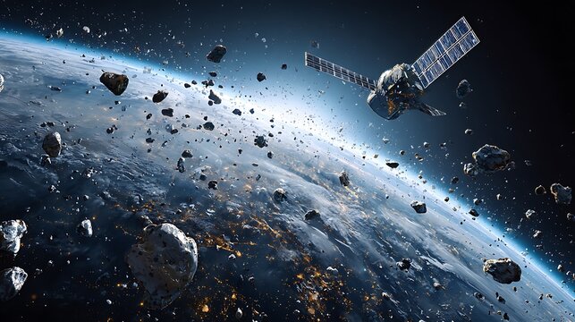 Awesome photo of satellite in Earth orbit surrounded by space debris and asteroids.