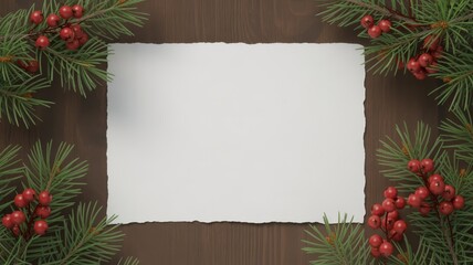 Obraz premium Christmas background with blank paper for text and pine branches with red berries on wood