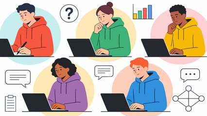 Five people working on laptops