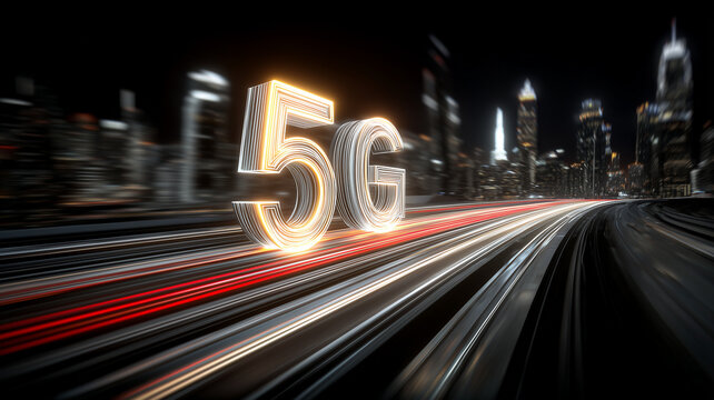 A dynamic 5G symbol over a fast moving cityscape expressing digital speed, modern connectivity and next generation communication power.
 - Powered by Adobe