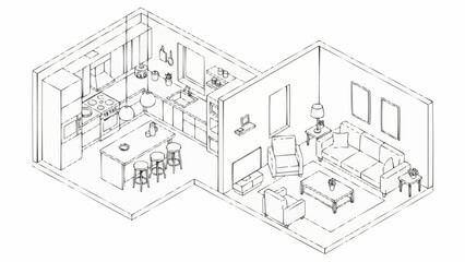 Modern Apartment Interior Design Sketch with Kitchen and Living Area.