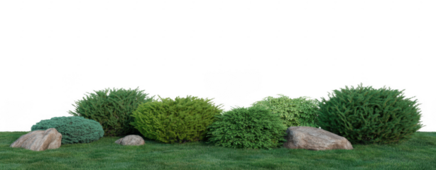 Green grassy area with rocks and shrubs lawn isolated on a transparent background