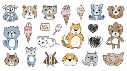 Collection of Cute Cartoon Animals and Ice Cream Cones.