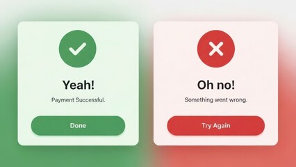 Dual user interface notification cards illustrating successful payment and transaction error messages 