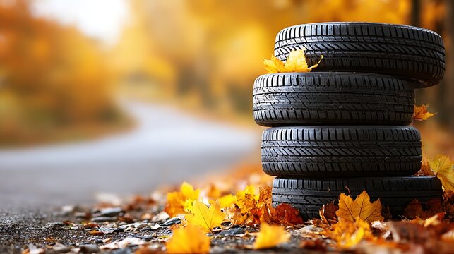 Awesome photo of stack of four car tires on the side of a road during autumn season with blurred background.