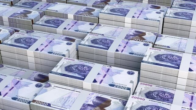 Uzbekistan 20,000 Som Banknote Horizontal 3D Animation ? Financial Money Flow, Banking, Business Investment, Economy Growth and Currency Exchange