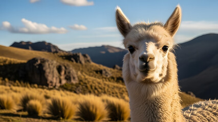 Obraz premium Closeup portrait of a cute alpaca in the sunny andes mountains