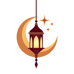Ramadan Lantern and Crescent Moon with Glowing Stars