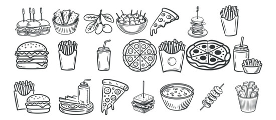 Fast Food and Snack Illustration Set in Black and White