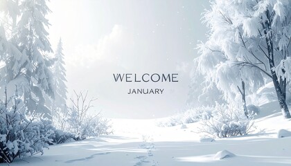 Serene winter landscape with snow covered trees and welcome january text